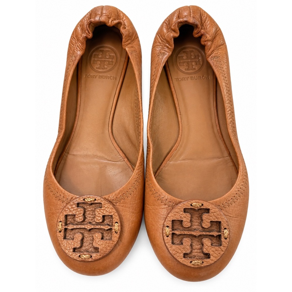 Tory Burch Reva Ballet Flats Women 6.5M Tan Leather Good Tonal Logo Medallion